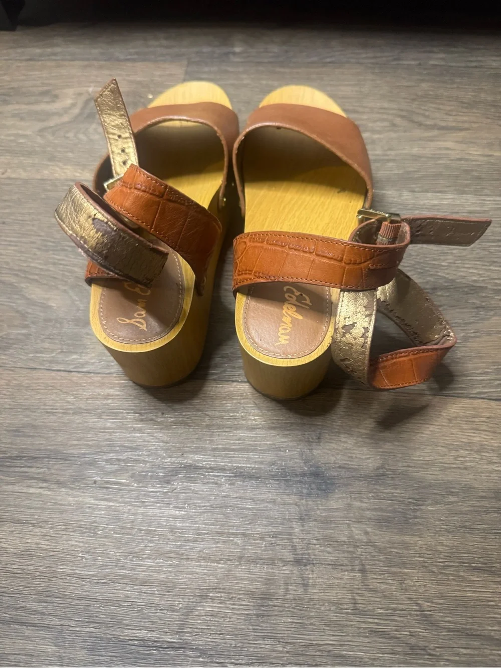 Sam Edelman Brown Leather Platform Slide Sandals with Ankle Strap